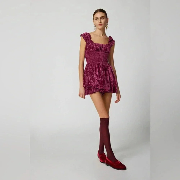 NWT new Urban Outfitters velvet romper SMALL red wine ruffle strap smocked dress - Picture 4 of 17